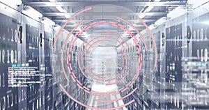 Image of circles, computer language over binary codes on data server racks in server room