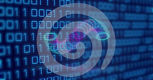 Image of circles over binary code on navy background