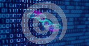 Image of circles over binary code on navy background