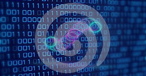 Image of circles over binary code on navy background