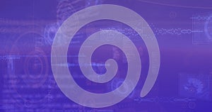 Image of circles, radars, soundwaves, globes over computer language on abstract background