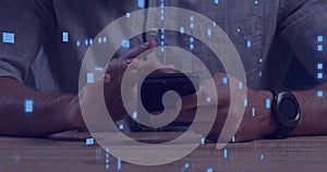 Image of circuit board with data processing over caucasian man using smartphone