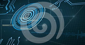 Image of circuit board and data processing over dark background