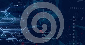 Image of circuit board and data processing over dark background