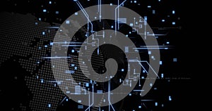Image of circuit board and digital data processing over black background
