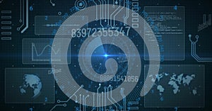 Image of circuit board and digital data processing over black background