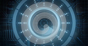 Image of circuit board and digital data processing over black background