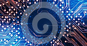 Image of circuit board and digital data processing over black background