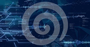 Image of circuit board and digital data processing over black background