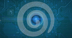 Image of circuit board and digital data processing over blue background