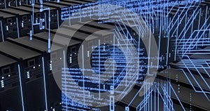 Image of circuit board and digital data processing over computer servers