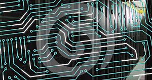 Image of circuit board over computer servers