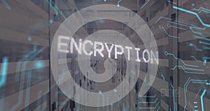 Image of circuit board pattern around binary codes and encryption text over server room