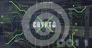 Image of circuit board pattern, binary codes and crypto text over server room