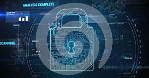 Image of circuit board pattern in padlock, graph and multiple texts over blue background photo
