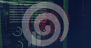 Image of circular scanner and data processing on interface screens over computer server room