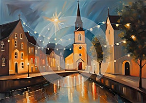 image of a city with a church and a church tower, fairy lights, oil on canvas, evening sun, connectedness, a quiet impression of