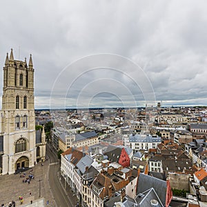 Image of the city of Ghent Belgium and the facade of the Cathedral of St Bavon photo