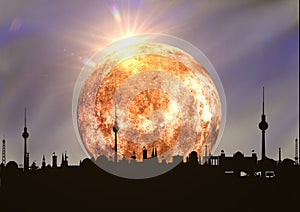 A image of city with a planet.