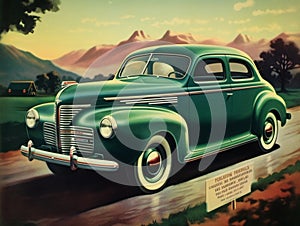 Image of a classic 1940 Plymouth car in a setting out for an advertisement.