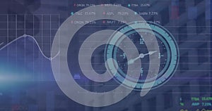 Image of clock and financial data processing over cityscape