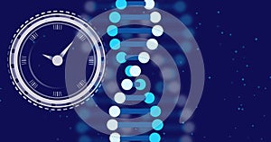 Image of clock moving over dna strands on blue background