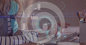 Image of clock, statistics and financial data processing over businesswoman using comptuer