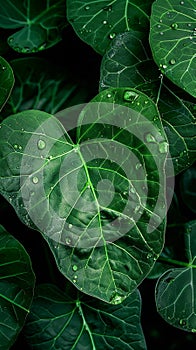 Image Close up of rain kissed green leaves, water droplets glisten delicately