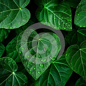 Image Close up of rain kissed green leaves, water droplets glisten delicately