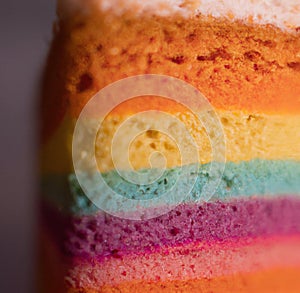 Image of close up of slice of rainbow cake with multi coloured layers