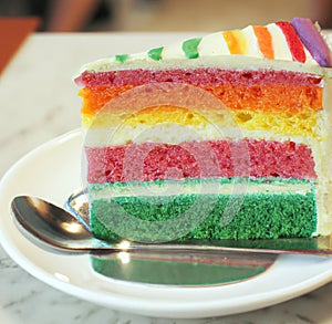 Image of close up of slice of rainbow cake with multi coloured layers on plate