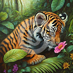 illustration of tiger cub the jungle explorer generative ai