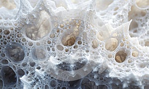 The image is a close up of a white and blue object with many holes in it