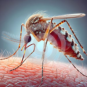 image of the closeup on dengue mosquito suck blood with its proboscis.