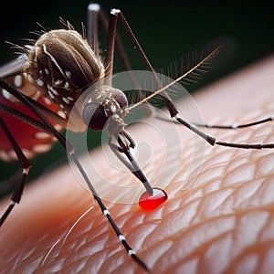 image of the closeup on dengue mosquito suck blood with its proboscis.