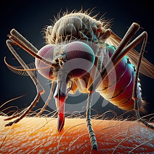 image of the closeup on dengue mosquito suck blood with its proboscis.