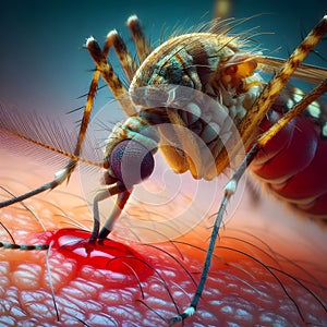 image of the closeup on dengue mosquito suck blood with its proboscis.