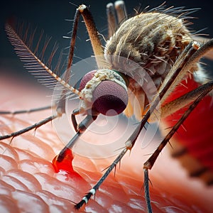 image of the closeup on dengue mosquito suck blood with its proboscis.