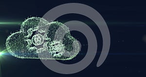 Image of cloud with cogs ai data processing over grid and dark background