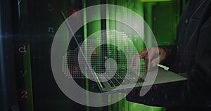 Image of cloud and data processing over asian man using laptop