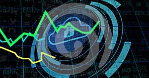 Image of cloud icon and financial data processing over grid