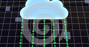 Image of cloud, network of globe on screen icons with binary coding over grid