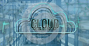 Image of cloud text banner and icon over data processing against computer server room