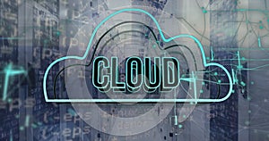 Image of cloud text in cloud and computer language over data server room