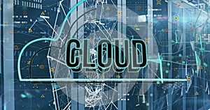 Image of cloud text in digital cloud over data processing and server room