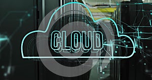 Image of cloud text and icons over computer servers