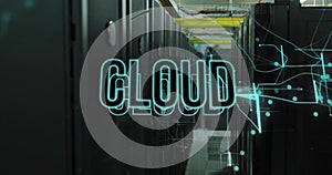 Image of cloud text and icons over computer servers