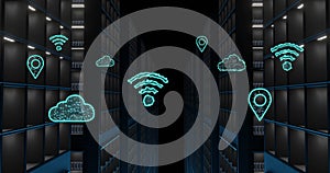 Image of cloud and wifi icons, data processing over computer servers