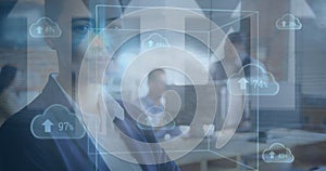 Image of clouds, data processing over diverse business people in office