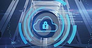 Image of clouds with digital padlock in circle over servers